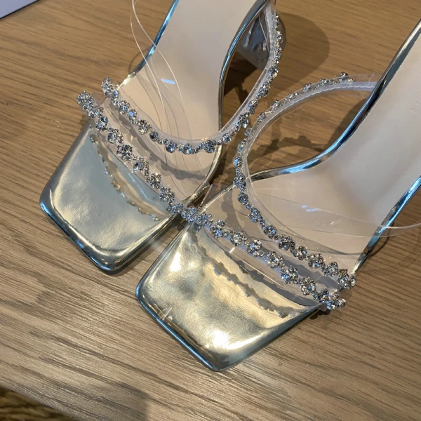 Sexy Silver Rhinestone Evening Party Womens Sandals 2022 9 cm Stiletto Heels Pointed Toe Sandals High Heels