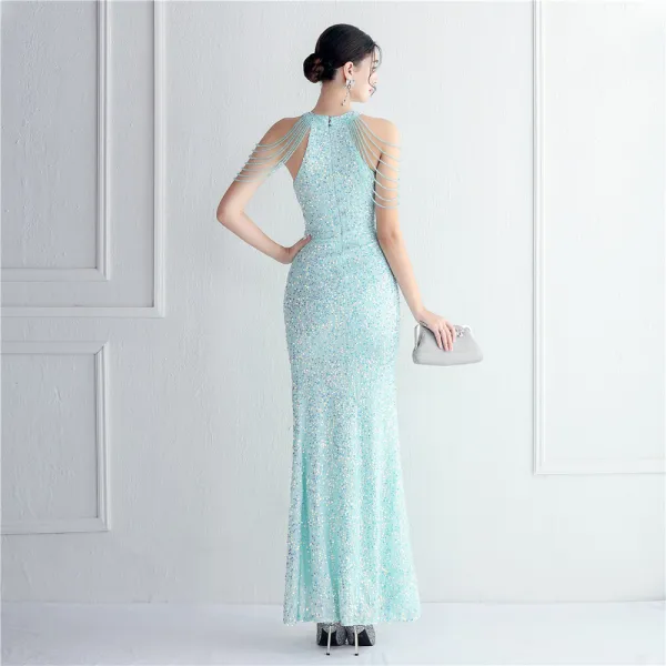 Sexy Doré Perlage Paillettes Fendue devant Robe De Soirée 2024 Trompette / Sirène Encolure Dégagée Sans Manches Dos Nu Longue Soirée Robe De Ceremonie