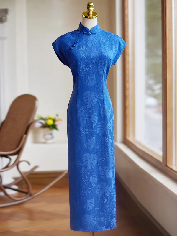 Chinesischer Stil Vintage Blau Wadenlang Cheongsam 2024 Meerjungfrau Stehkragen Kurze Ärmel