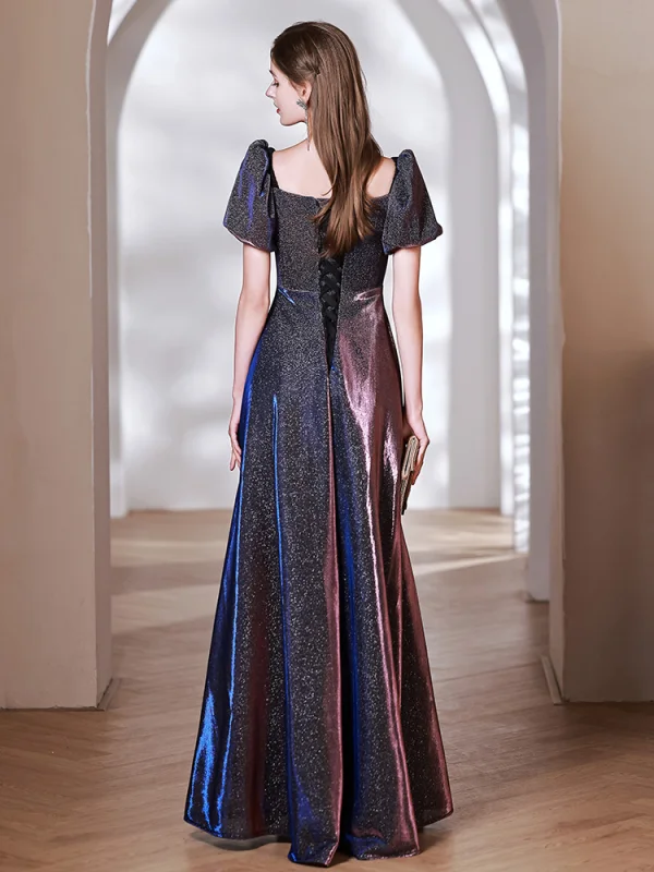 Chic / Beautiful Navy Blue Glitter Evening Dresses 2023 A-Line / Princess Off-The-Shoulder Short Sleeve Backless Floor-Length / Long Evening Party Formal Dresses
