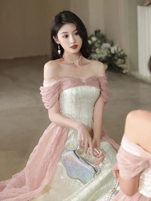 Mode Rougissant Rose Perle Paillettes Robe De Bal 2023 Princesse De l'épaule Sans Manches Dos Nu Longue Promo Robe De Ceremonie