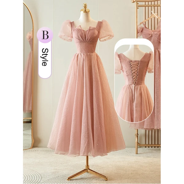 Simple Rougissant Rose Glitter Robe Demoiselle D'honneur 2023 Princesse Encolure Carrée Gonflée Manches Courtes Dos Nu Thé Longueur Robe Demoiselle D'honneur