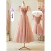 Modest / Simple Blushing Pink Glitter Bridesmaid Dresses 2023 A-Line / Princess Square Neckline Puffy Short Sleeve Backless Tea-length Bridesmaid Dresses