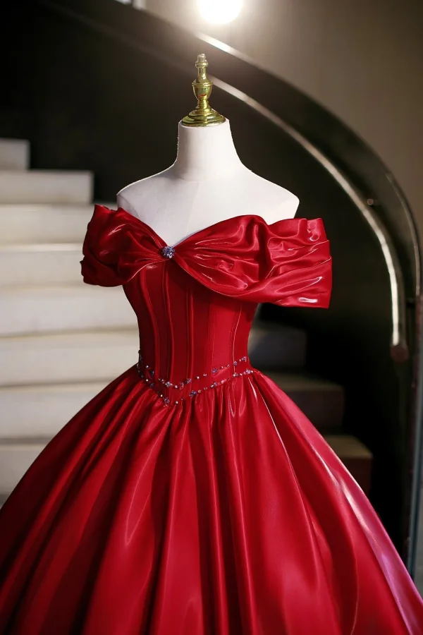 Vintage / Retro Red Rhinestone Prom Dresses 2026 Ball Gown Off-The-Shoulder Sleeveless Backless Floor-Length / Long Formal Dresses