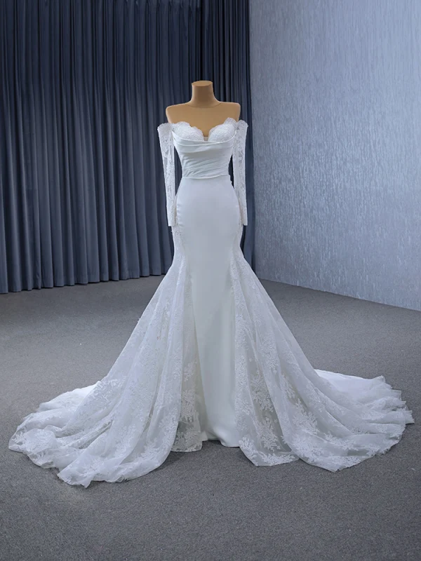 High-end White Lace Flower Wedding Dresses 2024 Trumpet / Mermaid Off-The-Shoulder Long Sleeve Court Train Wedding