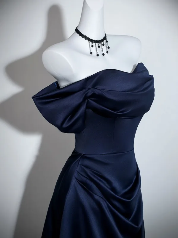 Vintage / Retro Navy Blue Prom Dresses 2026 A-Line / Princess Off-The-Shoulder Short Sleeve Backless Floor-Length / Long Formal Dresses