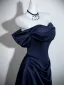 Vintage / Retro Navy Blue Prom Dresses 2026 A-Line / Princess Off-The-Shoulder Short Sleeve Backless Floor-Length / Long Formal Dresses