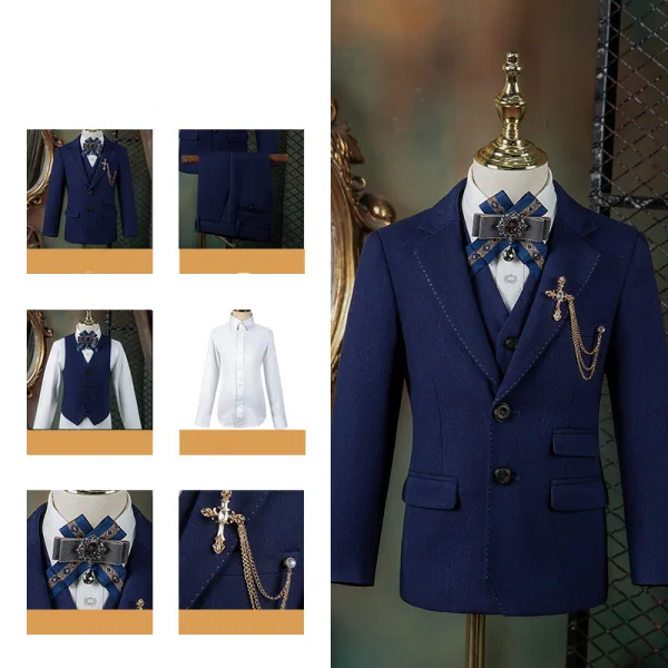 Modern / Fashion Navy Blue Long Sleeve Boys Wedding Suits 2023 6-piece Body Jewellery Coat Pants Shirt Tie Vest Wedding