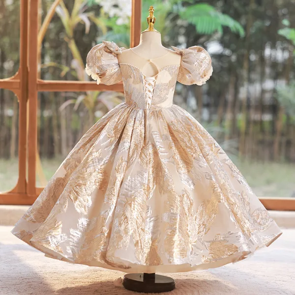 Bling Bling Gold Glitter Printing Pearl Birthday Flower Girl Dresses 2024 Ball Gown Scoop Neck Puffy Short Sleeve Backless Floor-Length / Long