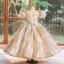 Bling Bling Gold Glitter Printing Pearl Birthday Flower Girl Dresses 2024 Ball Gown Scoop Neck Puffy Short Sleeve Backless Floor-Length / Long