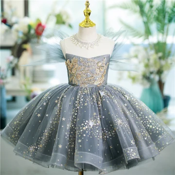 Bling Bling Grey Beading Sequins Lace Flower Short Flower Girl Dresses 2024 Ball Gown Birthday Strapless Sleeveless Tulle