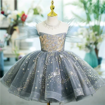 Bling Bling Grey Beading Sequins Lace Flower Short Flower Girl Dresses 2024 Ball Gown Birthday Strapless Sleeveless Tulle