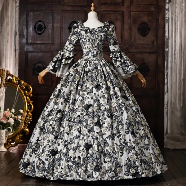 Vintage / Retro Medieval Black Printing Rhinestone Halloween Prom Dresses 2026 Ball Gown Square Neckline Bell sleeves Floor-Length / Long Formal Dresses
