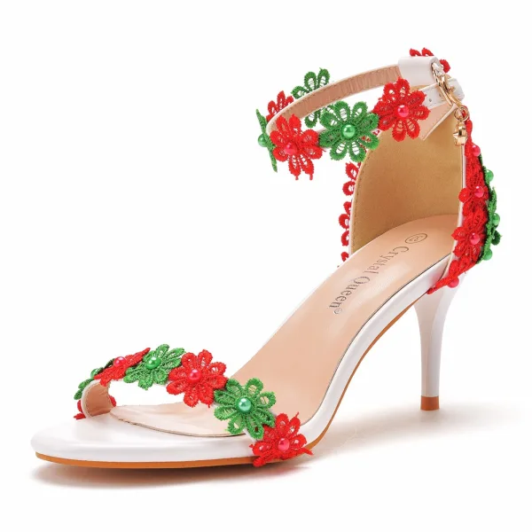 Charming Blushing Pink Lace Flower Prom Womens Sandals 2022 Pearl 7 cm Stiletto Heels Open / Peep Toe Sandals High Heels