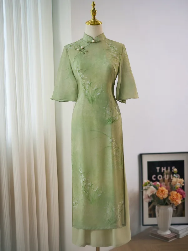 Chinese style Sage Green Printing Tea-length Cheongsam 2024 Trumpet / Mermaid High Neck Short Sleeve