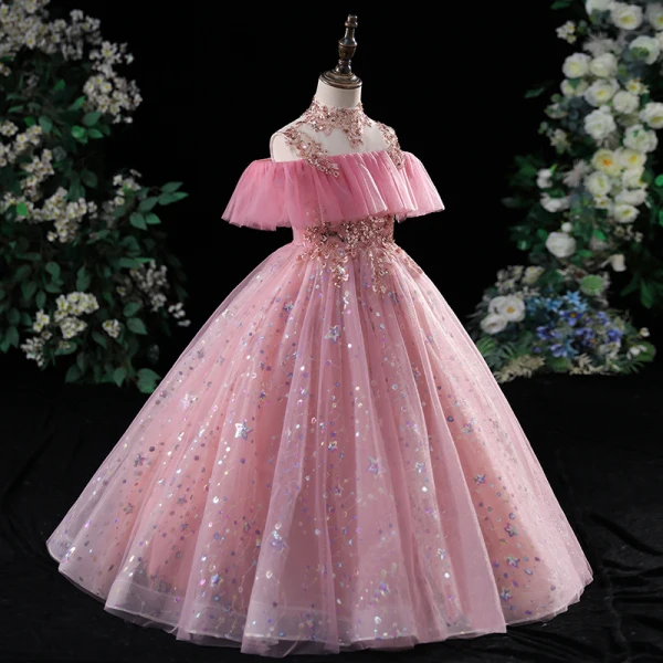 Chic / Beautiful Candy Pink Star Sequins Beading Prom Flower Girl Dresses 2022 A-Line / Princess High Neck Short Sleeve Floor-Length / Long Flower Girl Dresses