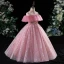 Chic / Beautiful Candy Pink Star Sequins Beading Prom Flower Girl Dresses 2022 A-Line / Princess High Neck Short Sleeve Floor-Length / Long Flower Girl Dresses