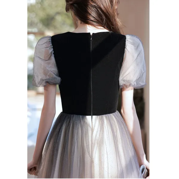 Chic / Beautiful Black Sequins Prom Dresses 2022 A-Line / Princess Square Neckline Short Sleeve Floor-Length / Long Prom Prom Dresses