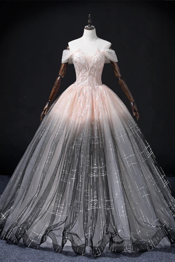 Charmant Dégradé De Couleur Rougissant Rose Robe De Bal 2022 Robe Boule De l'épaule Perlage Paillettes Sans Manches Dos Nu Longue Robe De Ceremonie