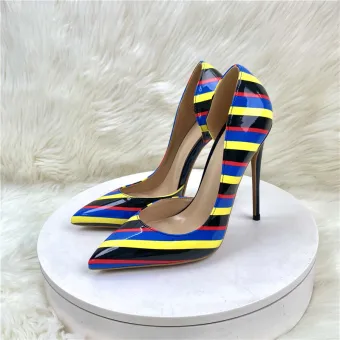 Ongebruikelijk Multi Kleuren Gestreept Avond Damesschoenen 2023 12 Cm Naaldhakken Stiletto Spitse Neus Damesschoenen Hoge Hakken