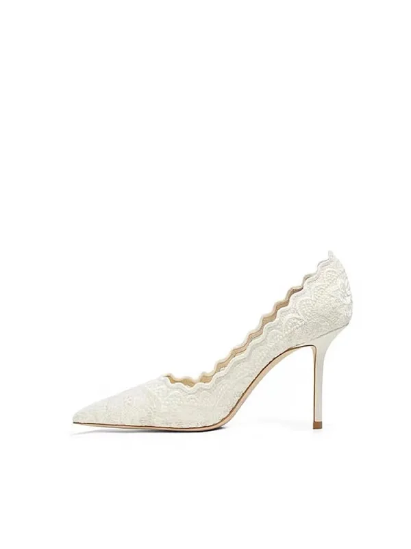 Elegant White Lace Flower Wedding Shoes 2026 Leather 8 cm Stiletto Heels Pointed Toe Wedding Pumps