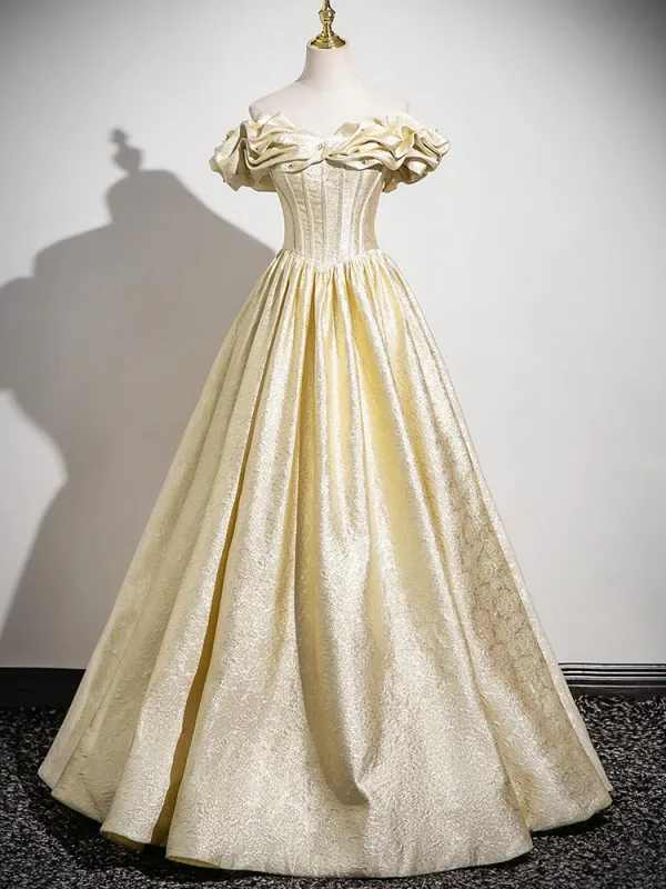 Chic / Beautiful Yellow Prom Dresses Ball Gown 2025 Off-The-Shoulder Short Sleeve Backless Floor-Length / Long Prom Formal Dresses