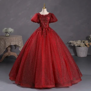 Bling Bling Burgundy Sequins Lace Flower Prom Dresses 2023 Square Neckline Puffy Short Sleeve Backless Floor Length Long Prom Formal Dresses