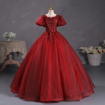 Bling Bling Bordeaux Paillettes En Dentelle Fleur Robe De Bal 2023 Encolure Carrée Gonflée Manches Courtes Dos Nu Longue Promo Robe De Ceremonie