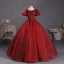 Bling Bling Burgundy Sequins Lace Flower Prom Dresses 2023 Square Neckline Puffy Short Sleeve Backless Floor-Length / Long Prom Formal Dresses