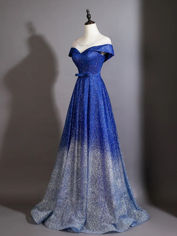 Vintage / Retro Royal Blue Gradient-Color Sequins Evening Dresses 2026 A-Line / Princess Scoop Neck Short Sleeve Backless Bow Sash