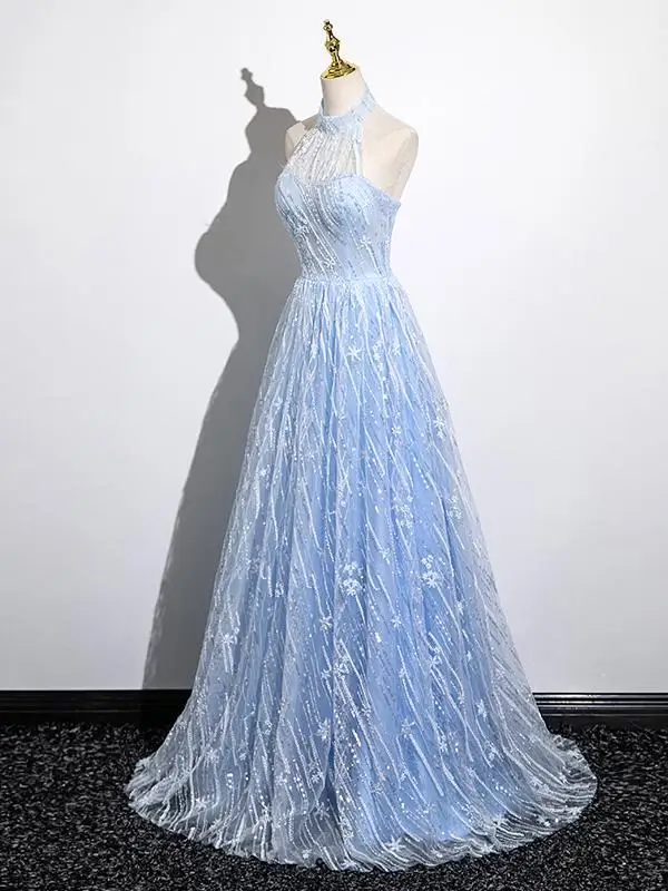 Bling Bling Himmelblau Perlenstickerei Pailletten Ballkleider 2025 A Linie Neckholder Ärmellos Rückenfreies Lange Ball Festliche Kleider