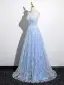 Bling Bling Himmelblau Perlenstickerei Pailletten Ballkleider 2025 A Linie Neckholder Ärmellos Rückenfreies Lange Ball Festliche Kleider
