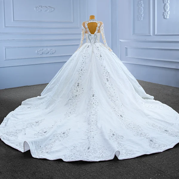 Luxury / Gorgeous Sparkly White Handmade Beading Pearl Rhinestone Sequins Wedding Dresses 2022 Ball Gown Scoop Neck Long Sleeve Backless Royal Train