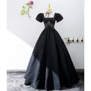 Audrey Hepburn Stil Schwarz Ballkleider 2022 Ballkleid Eckiger Ausschnitt Geschwollenes Kurze Ärmel Rückenfreies Lange Ball Festliche Kleider