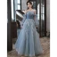 Chic / Beautiful Sky Blue Cascading Ruffles Pearl Prom Dresses 2023 A-Line / Princess Strapless Sleeveless Backless Floor-Length / Long Prom Formal Dresses
