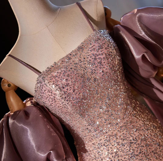 Bling Bling Lilac Sequins Prom Dresses 2024 Trumpet / Mermaid Spaghetti Straps Puffy Short Sleeve Backless Floor-Length / Long Prom Formal Dresses