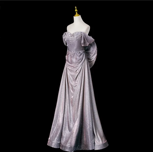 Scintillantes Sexy Violet Perlage Paillettes Robe De Bal 2025 Trompette / Sirène De l'épaule Manches Courtes Dos Nu Noeud Longue Promo Robe De Ceremonie