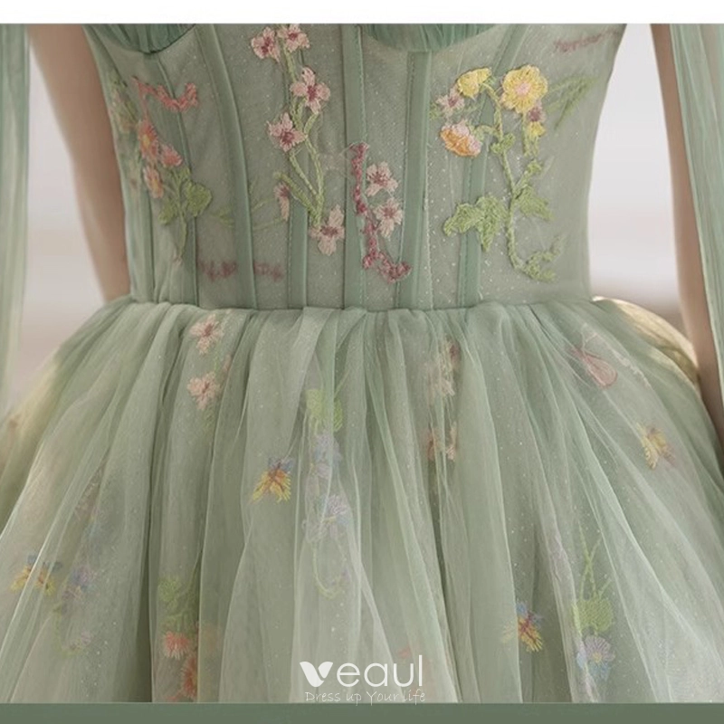 DDreamdressy Sage Green Tulle Floral Lace Backless A-Line Prom Dress with Slit Sage Green / US 16