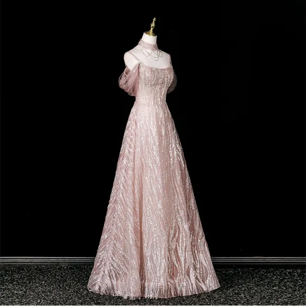 Sexy Glitzernden Rosa Perlenstickerei Strass Pailletten Abendkleider 2025 A Linie Stehkragen Kurze Ärmel Rückenfreies Lange Festliche Kleider