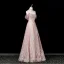 Sexy Glitzernden Rosa Perlenstickerei Strass Pailletten Abendkleider 2025 A Linie Stehkragen Kurze Ärmel Rückenfreies Lange Festliche Kleider