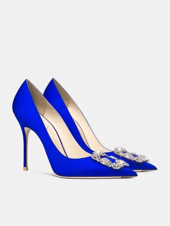 Élégant Bleu Roi Satin Faux Diamant Promo Escarpins 2024 10 Cm Talons Aiguilles À Bout Pointu Escarpins Talons Hauts
