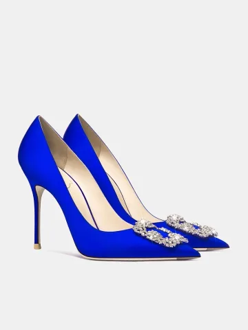 Elegant Royal Blue Satin Rhinestone Prom Pumps 2024 10 Cm Stiletto Heels Pointed Toe Pumps High Heels