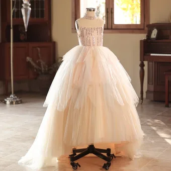 Chic Belle Rougissant Rose Perlage Paillettes Volants En Cascade Anniversaire Robe Ceremonie Fille 2025 Robe Boule Col Haut Sans Manches Dos Nu Longue