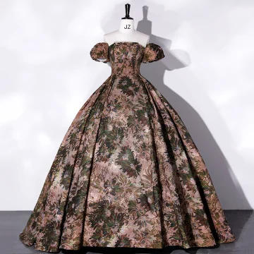 Vintage Retro Brown Printing Prom Dresses 2022 Ball Gown Strapless Short Sleeve Backless Floor Length Long Prom Formal Dresses