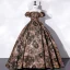 Vintage / Retro Brown Printing Prom Dresses 2022 Ball Gown Strapless Short Sleeve Backless Floor-Length / Long Prom Formal Dresses