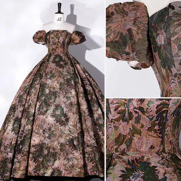 Vintage / Retro Brown Printing Prom Dresses 2022 Ball Gown Strapless Short Sleeve Backless Floor-Length / Long Prom Formal Dresses