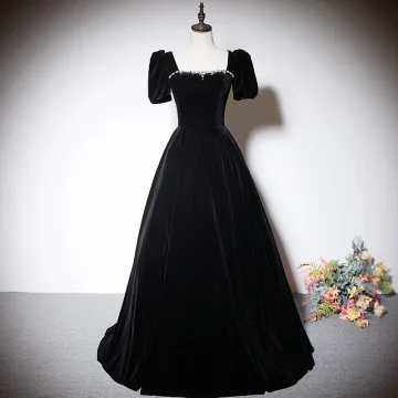 Élégant Noire Daim Robe De Soirée 2023 Princesse Encolure Carrée Manches Courtes Dos Nu Noeud Longue Soirée Robe De Ceremonie