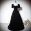 Elegant Black Suede Evening Dresses 2023 A-Line / Princess Square Neckline Short Sleeve Backless Bow Floor-Length / Long Evening Party Formal Dresses