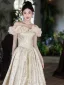 Charming Champagne Glitter Prom Dresses 2025 A-Line / Princess Ruffle Off-The-Shoulder Short Sleeve Backless Floor-Length / Long Formal Dresses