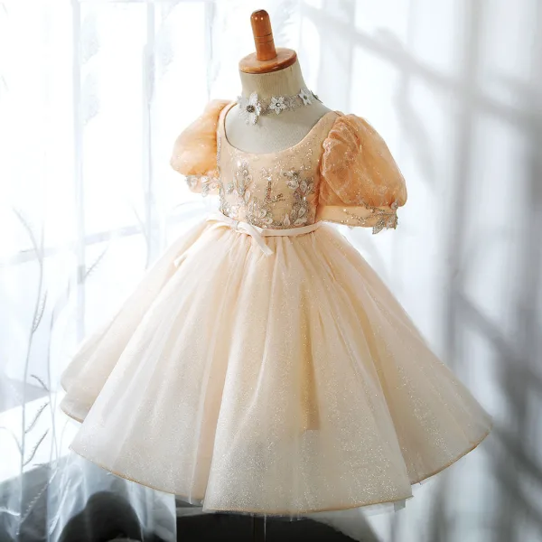 Mode Champagne Perlage Perle Paillettes En Dentelle Fleur Anniversaire Robe Ceremonie Fille 2022 Robe Boule U-Cou Gonflée Manches Courtes Ceinture Noeud Courte Dos Nu Robe Ceremonie Fille
